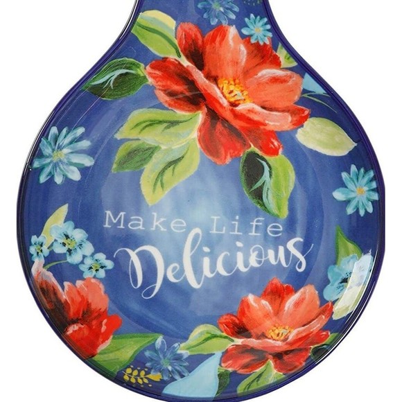 Pioneer Woman Spring Bouquet Spoon Rest Make Life Delicious Blue Ceramic Floral - Picture 2 of 2